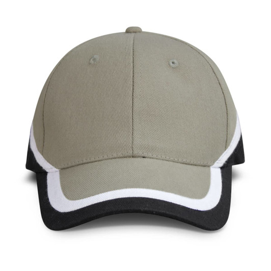 A cap featuring a beige crown with a black visor and white trim, displaying a logo on the front.