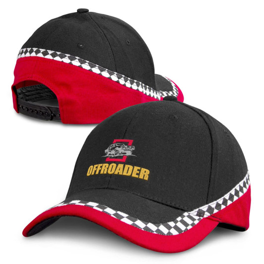 A black and red cap featuring a checkered pattern along the brim and a logo on the front.