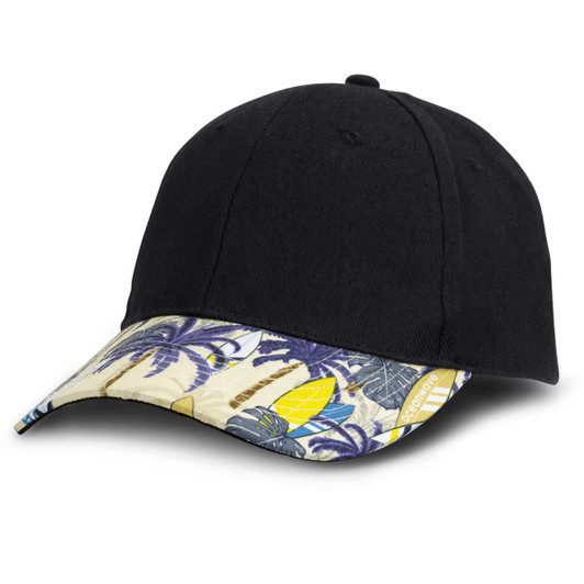 A black cap with a vibrant patterned peak featuring palm trees and pineapples, including a logo on the side.