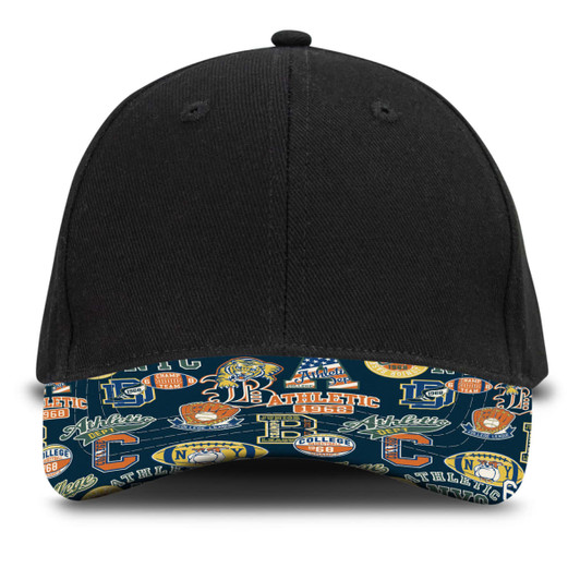 A black cap with a patterned peak featuring various logos and designs in blue, yellow, and white.