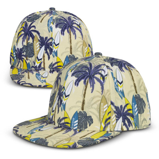 A flat peak cap featuring a tropical pattern with palm trees and surfboards in shades of yellow, blue, and cream.