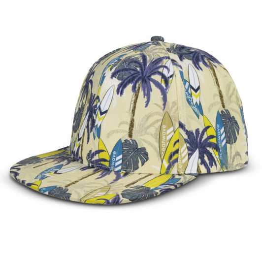 A flat peak cap featuring a tropical palm and surfboard pattern in shades of yellow, green, and blue, with a logo.