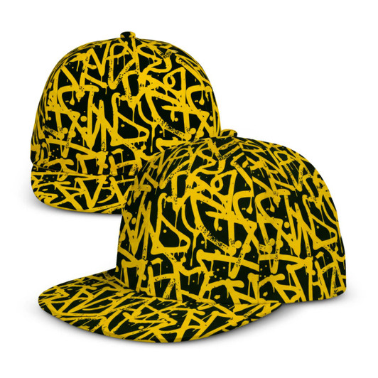 A custom flat peak cap featuring a black and yellow graffiti-style pattern and a logo on the front.