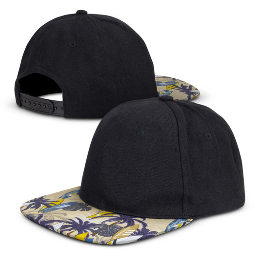 A black cap with a patterned flat peak featuring palm trees and tropical designs on the brim. It has a rear fastening.