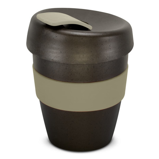 A drink bottle in dark grey with a light grey band and lid, featuring a sleek, modern design and a logo.