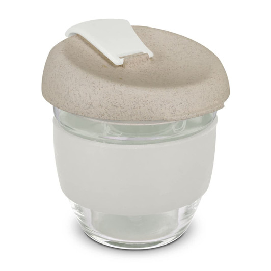 A drink bottle featuring a transparent body with a frosted glass look and a beige, textured lid.