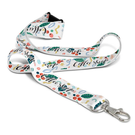 A colourful lanyard featuring various patterns and a clip for attachment, displaying a logo.