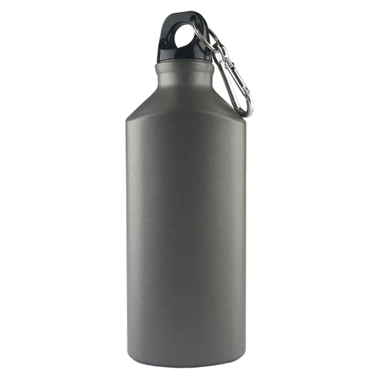 A drink bottle in a sleek grey finish, featuring a secure lid and a carabiner for easy attachment.