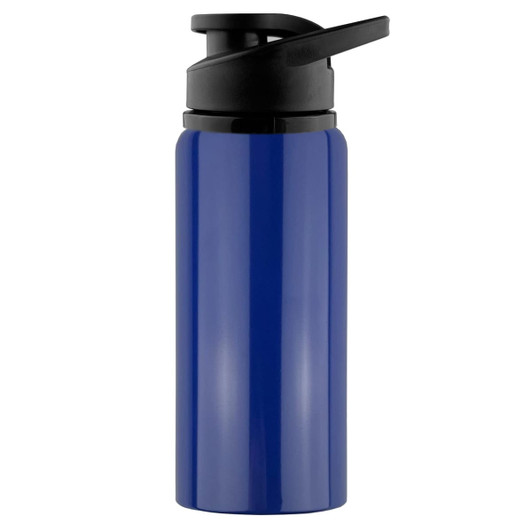 A drink bottle in a deep blue colour with a black lid and a flip-top spout. It features a logo.