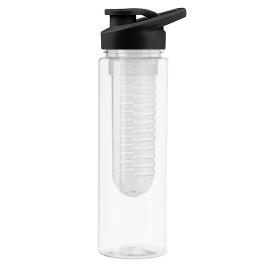 A drink bottle in clear plastic with a black lid and a built-in infuser for flavouring beverages.
