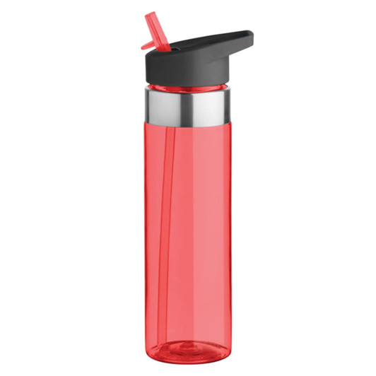 A drink bottle in vibrant red with a black lid and straw, featuring a silver band around the top.