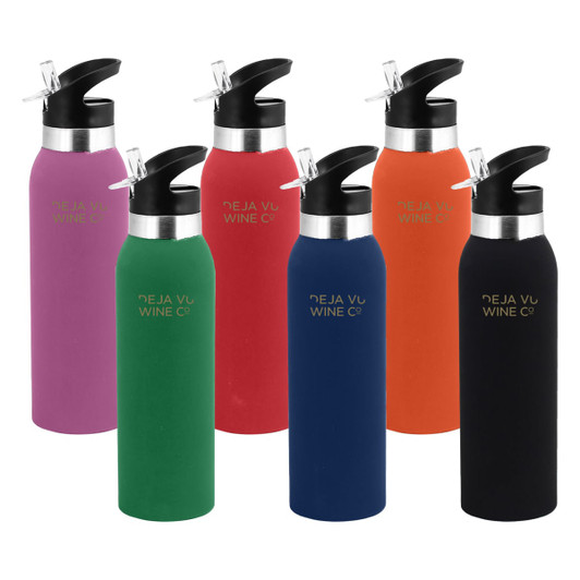A drink bottle collection featuring six bottles in purple, green, orange, black, navy, and red, each with a logo and flip-top lid.