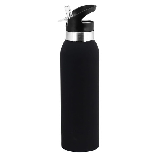 A drink bottle in matte black with a silver band near the top and a flip-top spout. Features a logo.