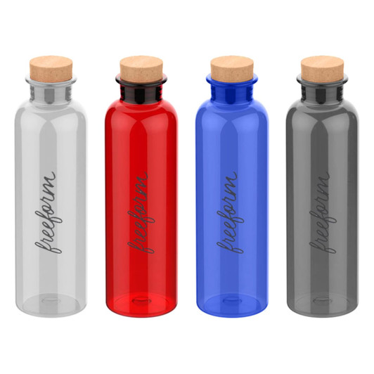 A drink bottle set featuring four colours: clear, red, blue, and grey, with cork stoppers and branding.
