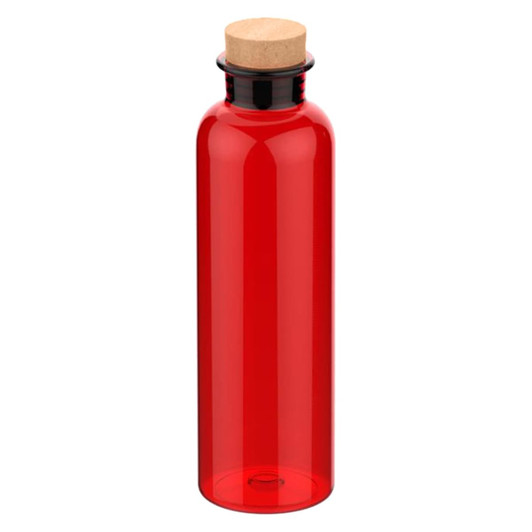 A drink bottle in vibrant red with a cork stopper and a sleek design. It features a logo on the body.
