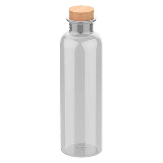 A drink bottle in clear glass with a cork stopper. It features a sleek, cylindrical design and has a logo.