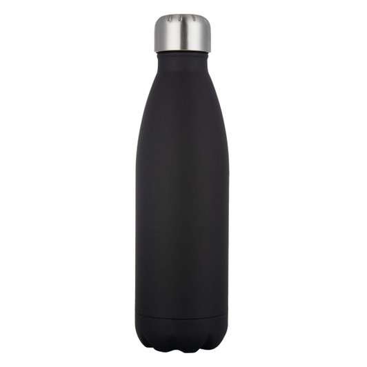 A drink bottle with a sleek black matte finish and a stainless steel cap, featuring a logo.