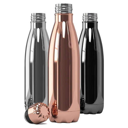 A drink bottle set featuring three metallic finishes: silver, black, and rose gold. Each bottle has a sleek design and a logo.