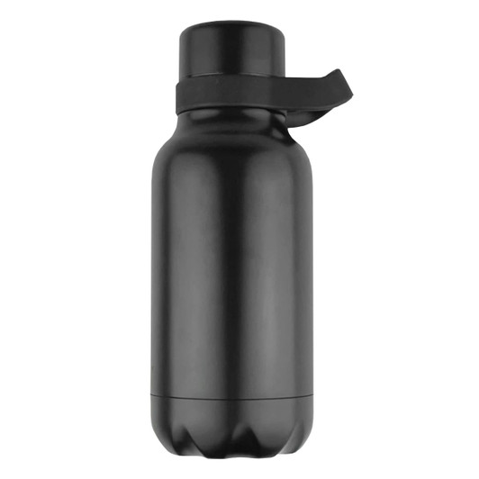 A drink bottle in matte black, featuring a screw top and a handle, designed for easy carrying.
