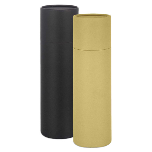 A drink bottle gift tube featuring a black and a khaki bottle, both with a sleek cylindrical design and logos.