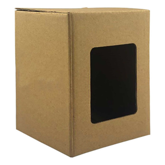 A brown cardboard gift box with a transparent window on one side. It has a simple design and a logo on it.