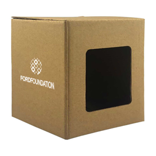 A small brown gift box with a transparent window, featuring a logo on one side.
