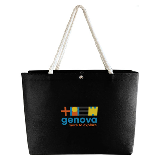 A black tote bag with a white rope handle and a logo on the front, featuring colourful designs.