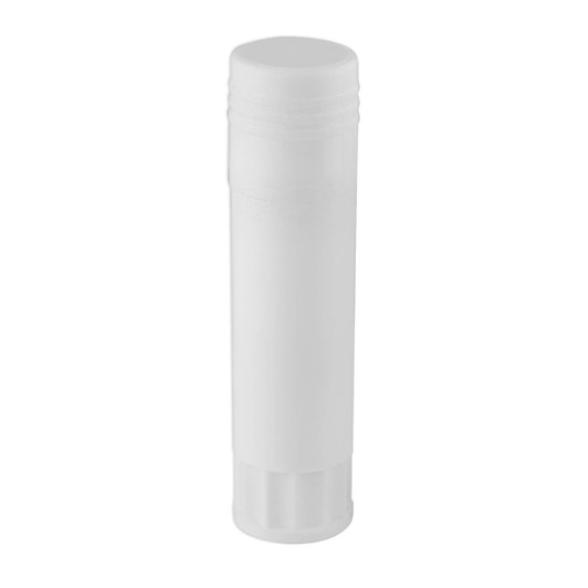 A white glue stick in a cylindrical container with a twist mechanism. It features a simple design and a branded logo.