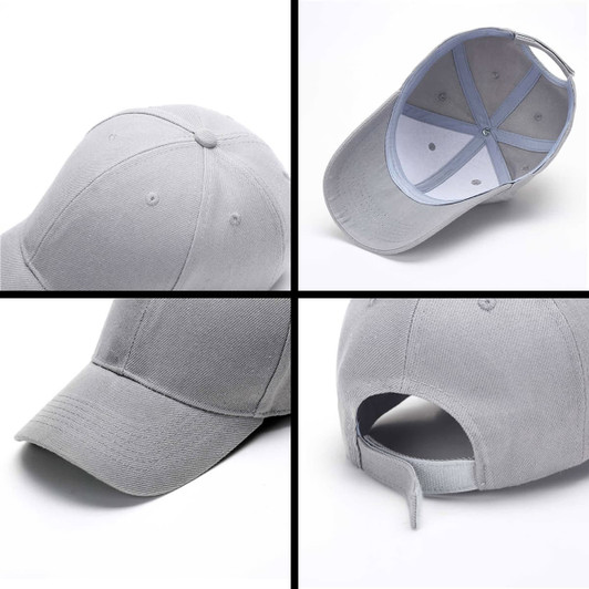 A grey heavy acrylic cap featuring a curved brim, six panels, and an adjustable strap at the back.