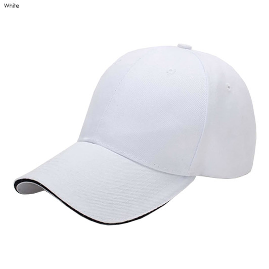 A white six-panel cotton sandwich cap with a contrasting black brim and a logo on the front.
