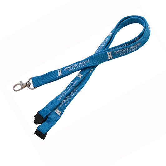 A blue tubular lanyard featuring a clip, showcasing a logo along its length.