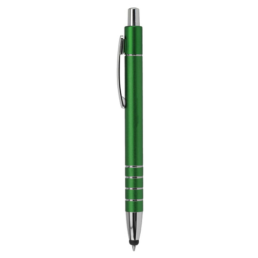 A green metal stylus pen with a shiny chrome clip and accents. Features a sleek design and a logo.