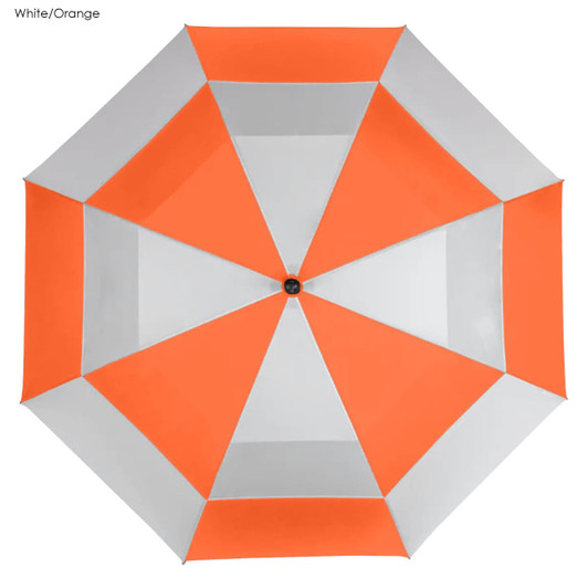 A large umbrella featuring an orange and white panel design, with a central black knob and a logo on the handle.
