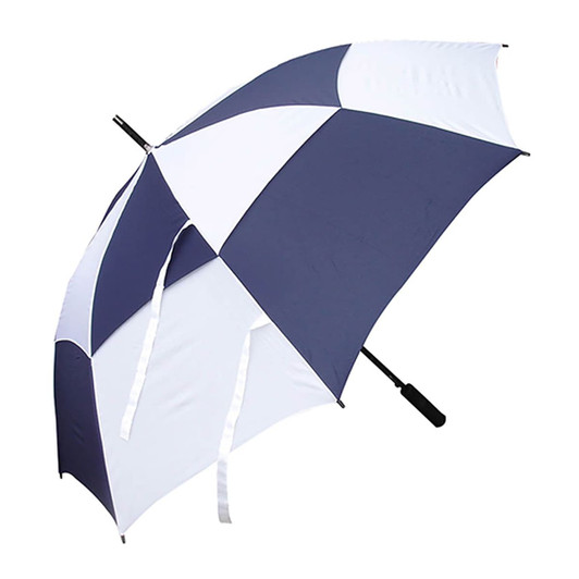A navy and white golf umbrella with a sturdy handle and a logo. Features a classic colour block design.