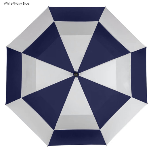 A navy blue and white umbrella with a geometric design and a central button, featuring a logo.