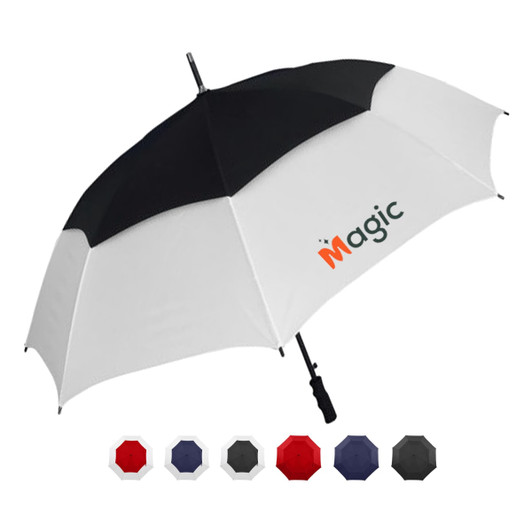A black and white umbrella with a logo, featuring various colour options displayed below.