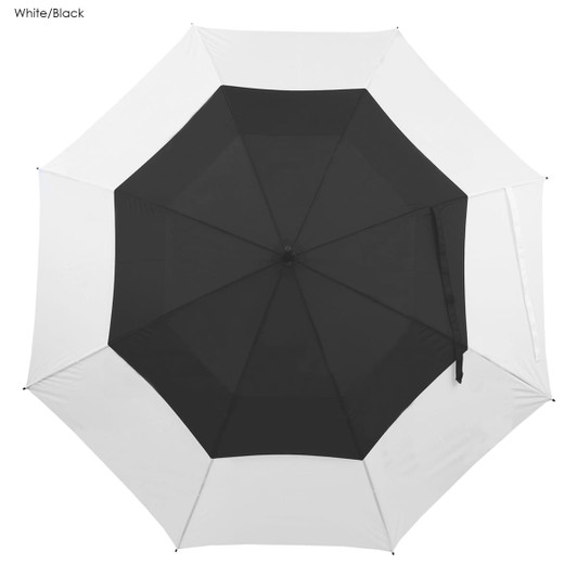 A black and white umbrella with an open canopy, featuring a central hub and a strap. It has a branded logo.