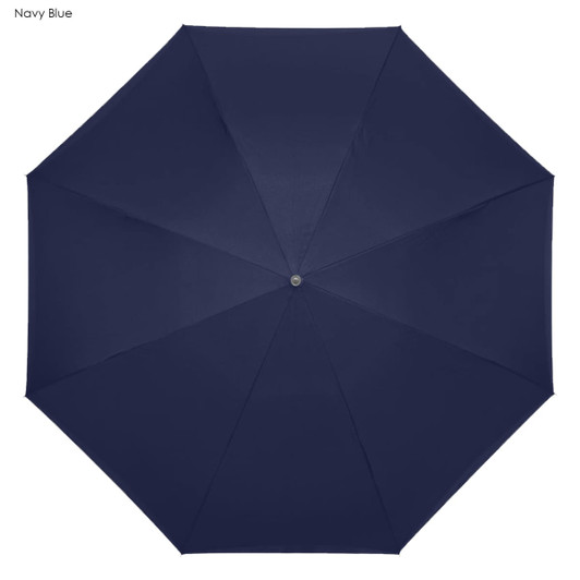 A navy blue inverted umbrella with an octagonal shape and a central button. It features a branding logo.
