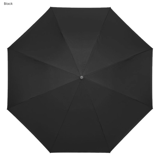 A black inverted umbrella with a smooth fabric surface and a central button for opening and closing.
