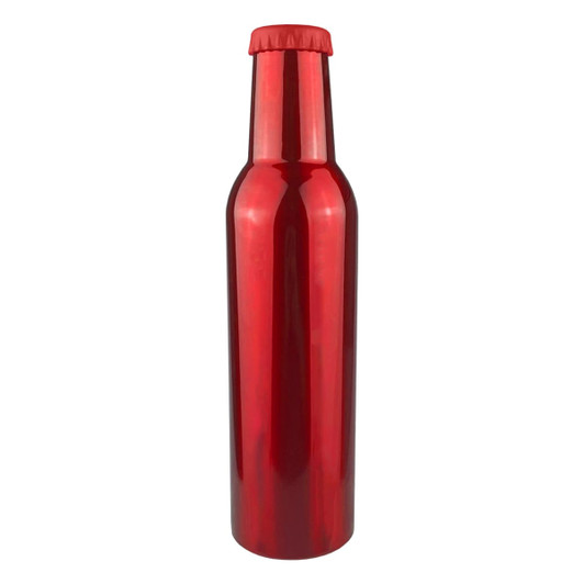 A drink bottle in a sleek, shiny red finish with a matching cap and a logo.