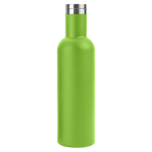 A drink bottle in vibrant green with a stainless steel cap and a smooth, matte finish.