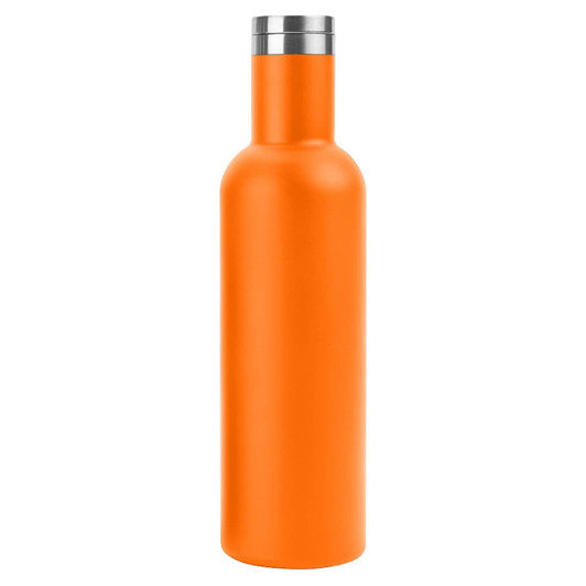 An orange drink bottle with a stainless steel cap and a sleek, matte finish. It features a logo.