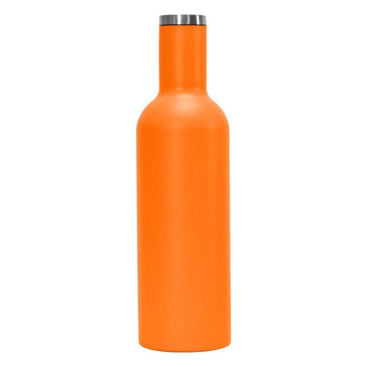 A drink bottle in a vibrant orange colour with a stainless steel lid and a sleek design.
