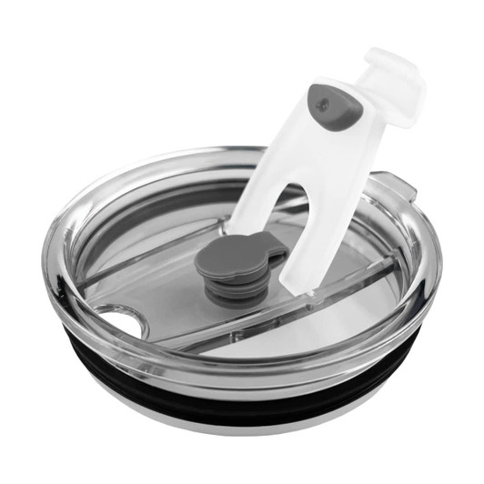 A coffee mug lid in transparent plastic with a grey and white sliding opening mechanism and a rubber seal.