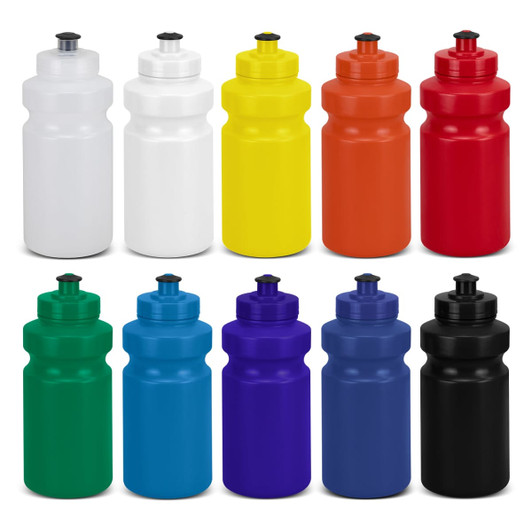 A drink bottle collection featuring white, yellow, red, orange, green, blue, and black colours, each with a black lid.