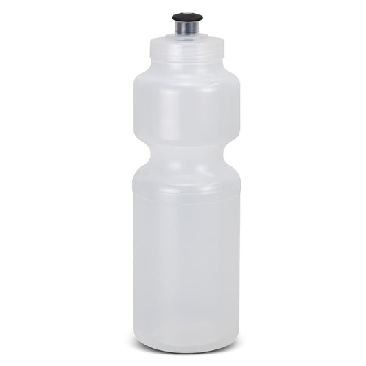 A drink bottle in clear plastic with a black nozzle cap and an ergonomic shape for comfortable handling.
