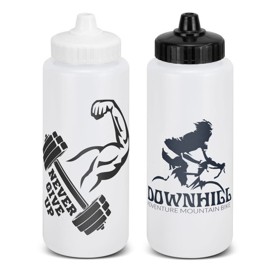 A drink bottle in white with a gym logo and a black bottle featuring a cycling graphic, both with branding.