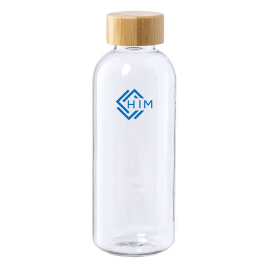 A clear glass drink bottle with a bamboo lid and a logo on the front.