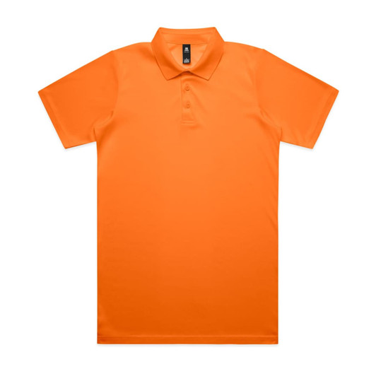 An orange polo shirt with a collar and short sleeves, featuring a logo on the neck.