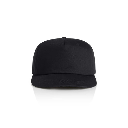 A black cap featuring a structured design and a logo on the front. Suitable for casual wear.